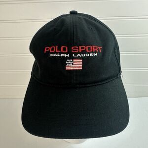 VTG 90s POLO SPORT Ralph Lauren Hat USA Flag Strapback Black Cotton Baseball Cap